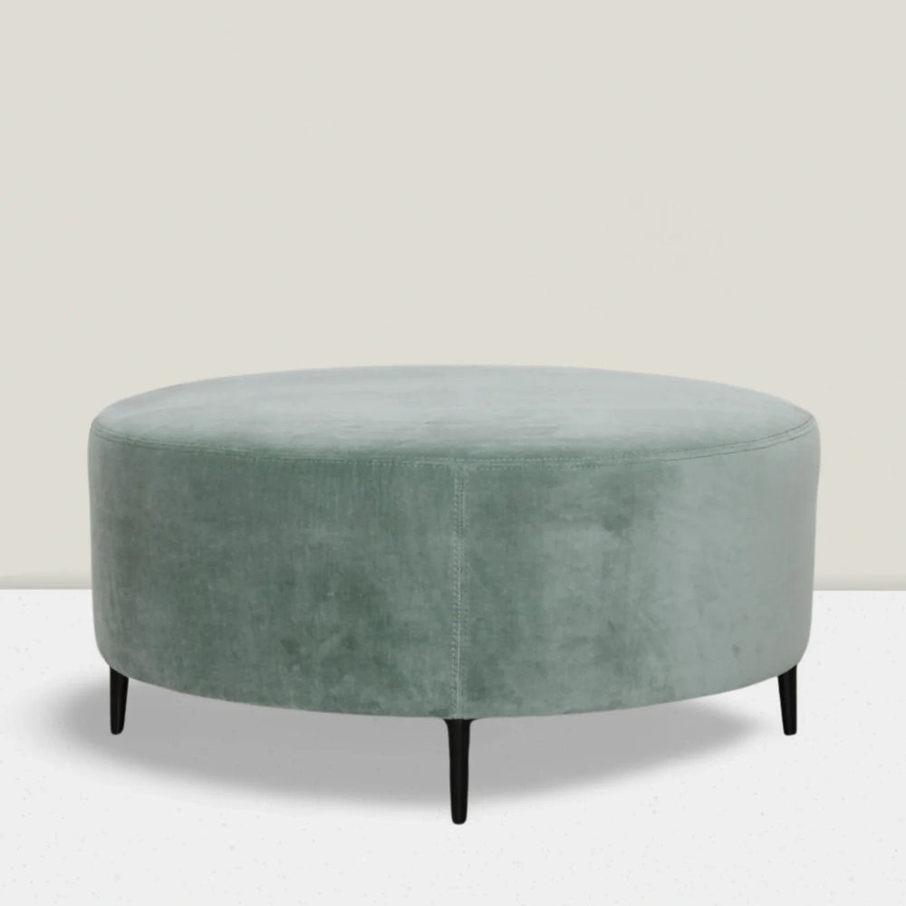 Round Smooth Top Ottoman in Fabric JB Martin Velvet - Cannes "Silver Sage" Black Matte Metal