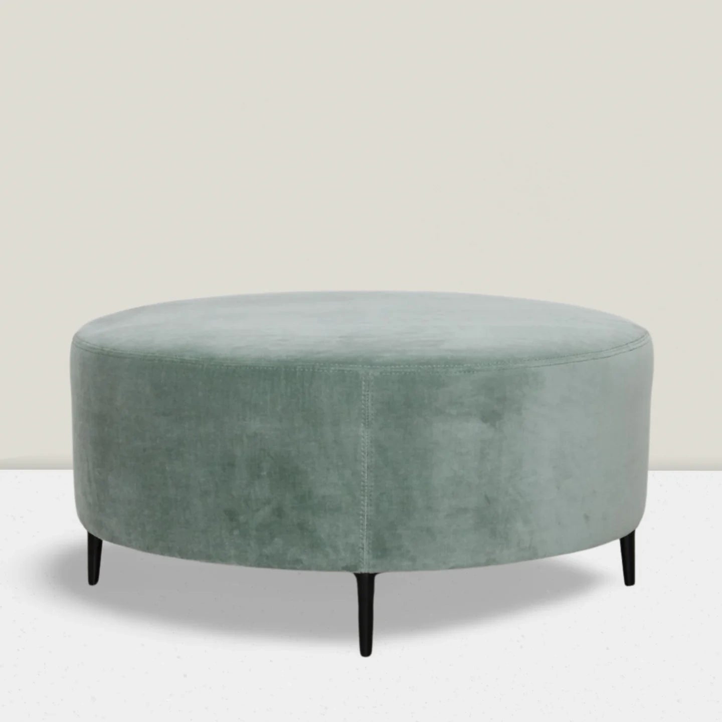 Round Smooth Top Ottoman in Fabric JB Martin Velvet - Cannes "Silver Sage" Black Matte Metal