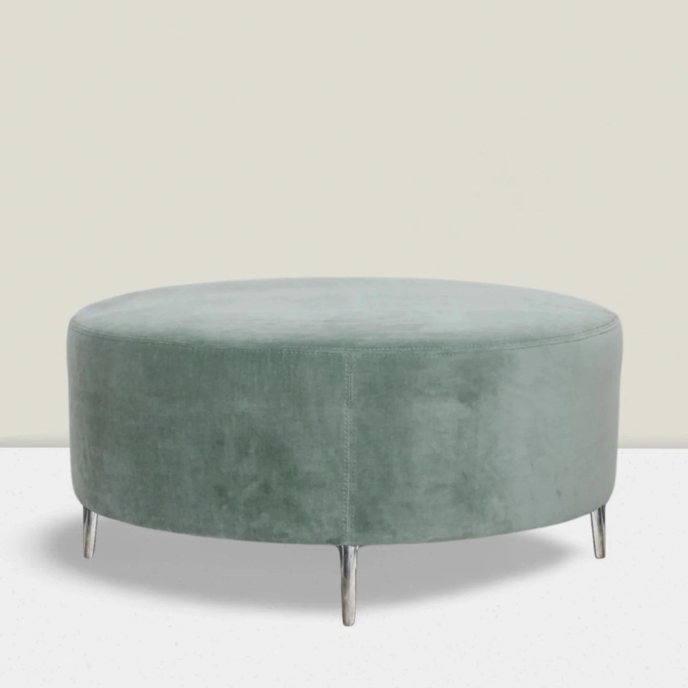 
                      
                        Round Smooth Top Ottoman in Fabric JB Martin Velvet - Cannes "Silver Sage" Silver Leg
                      
                    