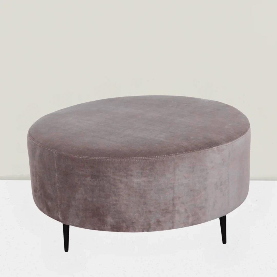 Round Smooth Top Ottoman in Fabric JB Martin Velvet - Como "Asphalt" Black Matte Metal